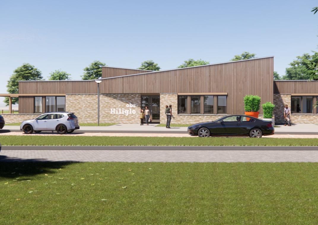 Impressie van de voorkant het vernieuwde kindcentrum Hiliglo in Holwierde