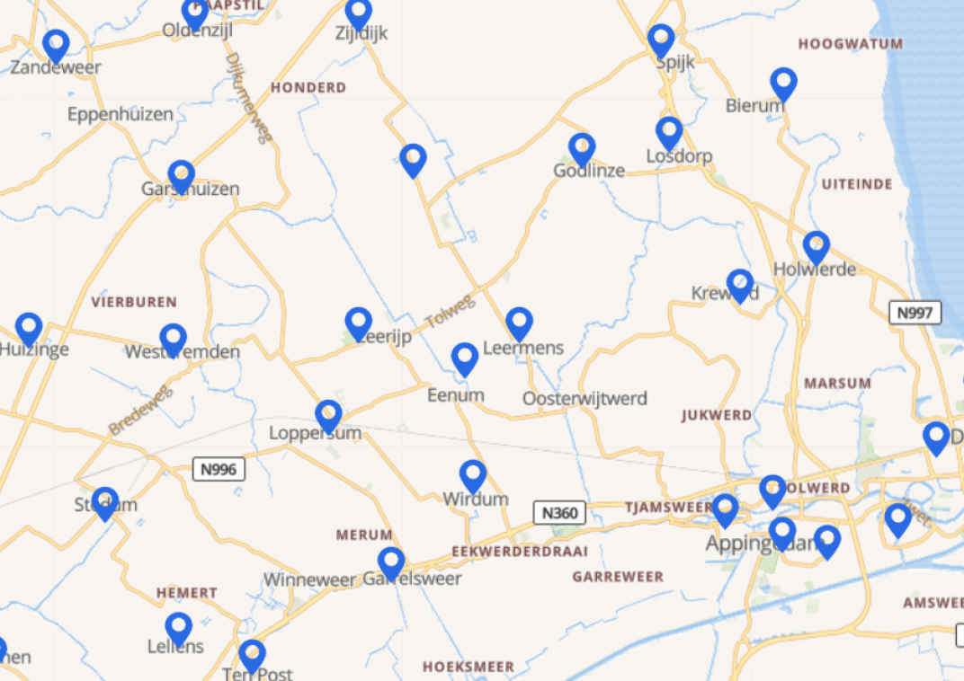 Een kaart van de gemeente Eemsdelta met daarop alle buurt- en dorpshuizen