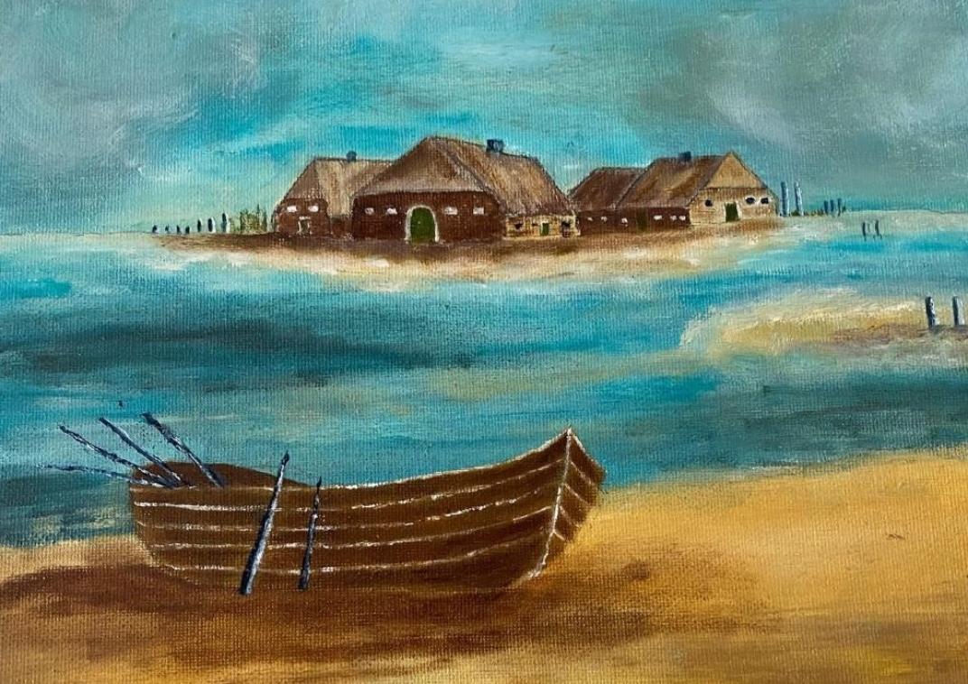Kunstwerk van De Creatieve Kwasten genaamt Stilte aan het meer. Bootje ligt op een strand, daarachter zee en daarachter huizen op zand.