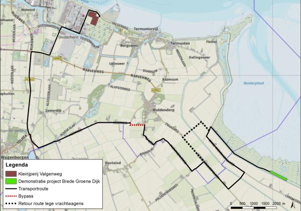 Kaart van de transportroute. Klei Valgenweg naar Brede Groene Dijk
