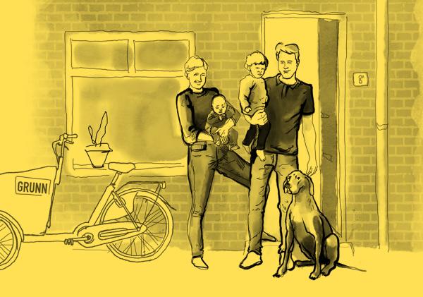 Schets van een gezin van 4 met hond, dat voor een woning staat.