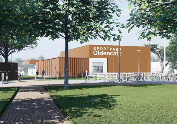 Een schets van de entree van het nieuwe gebouw.