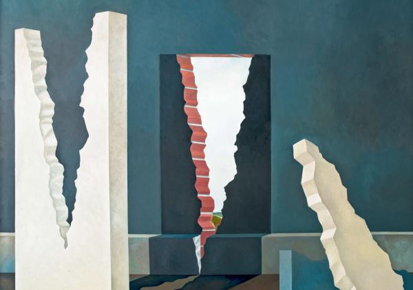 Een schilderij waarop een gebroken wand te zien is.