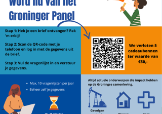Flyer van het Sociaal Planbureau Groningen, waarin zij een oproep doen aan inwoners van gemeente Eemsdelta. Ze vragen of je lid wilt worden van het Groninger Panel. Er staat ook een QR-code in de flyer, die je kunt scannen als je een uitnodiging hebt ontvangen.