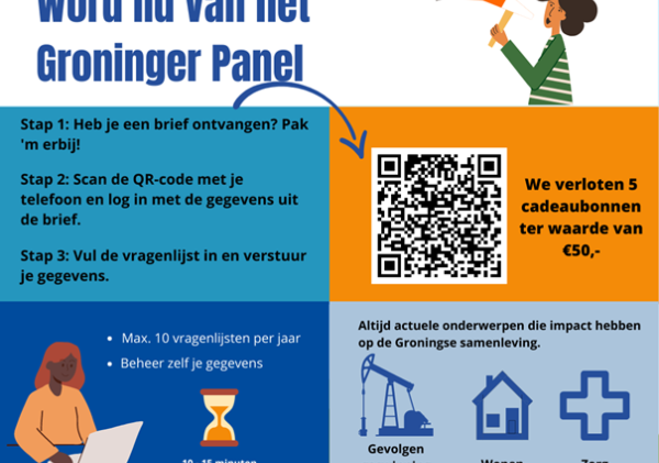 Flyer van het Sociaal Planbureau Groningen, waarin zij een oproep doen aan inwoners van gemeente Eemsdelta. Ze vragen of je lid wilt worden van het Groninger Panel. Er staat ook een QR-code in de flyer, die je kunt scannen als je een uitnodiging hebt ontvangen.