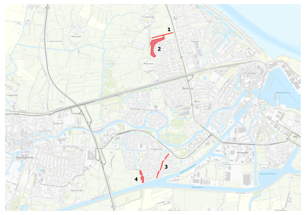 Kaart van Delfzijl met in rood aangegeven de vijvers waar wordt gebaggerd