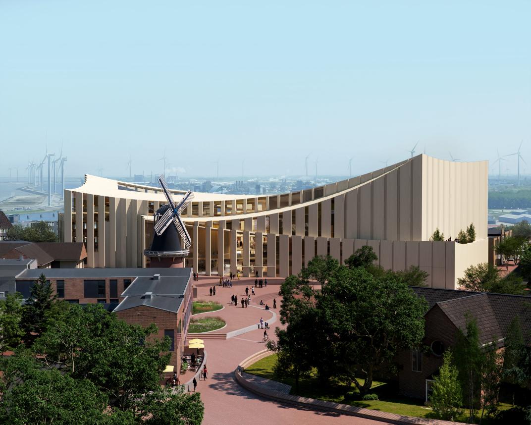 Een schets van hoe het Huis van Cultuur en Bestuur er mogelijk uit komt te zien. Wit gebouw, blauwe lucht en een molen en plein (Molenbergplein)
