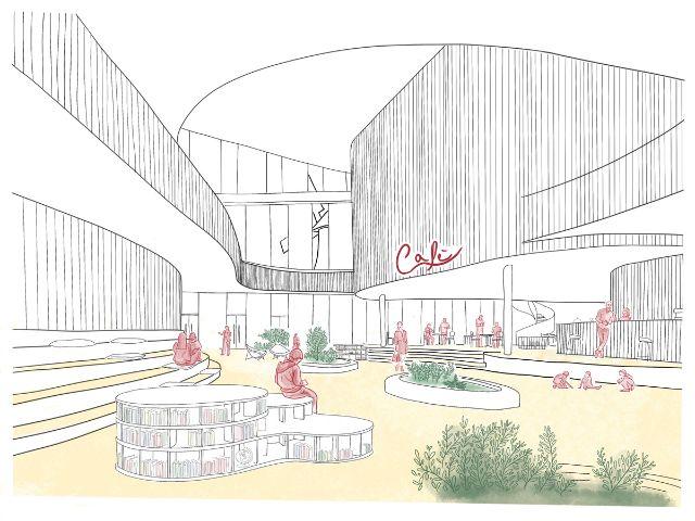 Schets van het interieur van het centrale hart van Huis van Cultuur en Bestuur