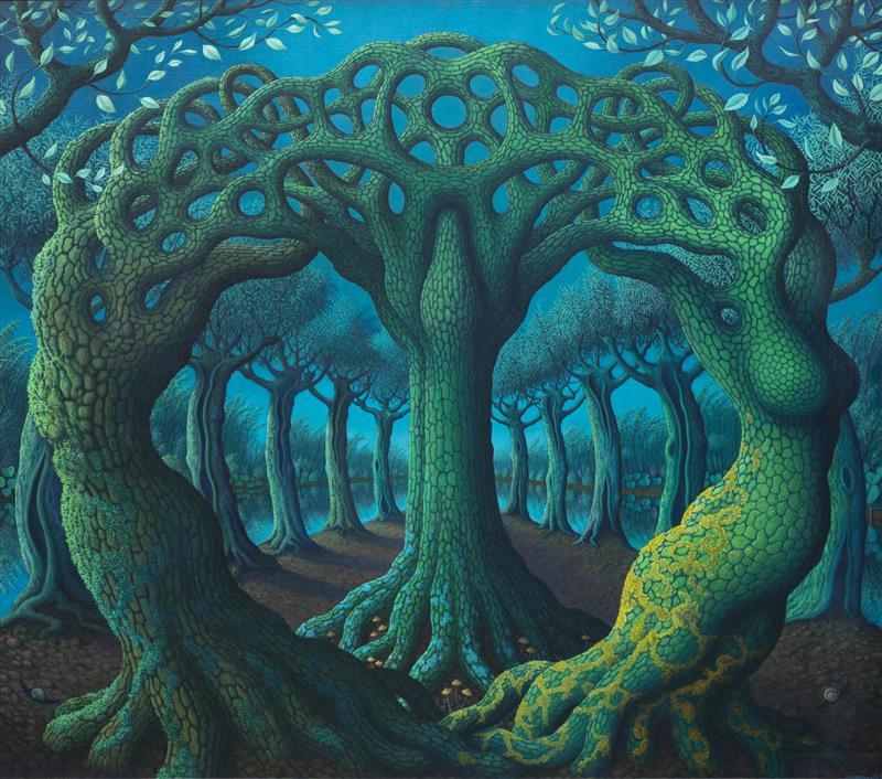 Surrealistisch kunstwerk van een boom in het groen en blauw