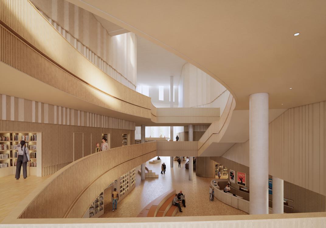 Huis van Cultuur en Bestuur Eemsdelta - impressie overzicht centrale hart vanaf eerste verdieping