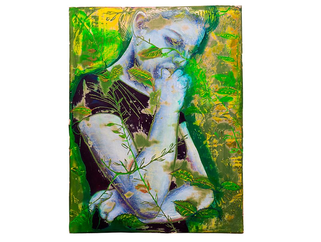 Schilderij van Machyta Oko Giebels: een vrouw lijkt na te denken en er zijn groene bladeren over haar heen geschilderd