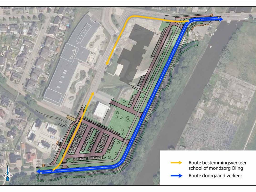 Plattegrond waarop de verplaatsing van de weg Olingermeeden te zien is.