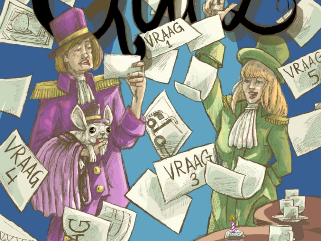 Een tekening van een man en vrouw die quizvragen oplezen en beantwoorden