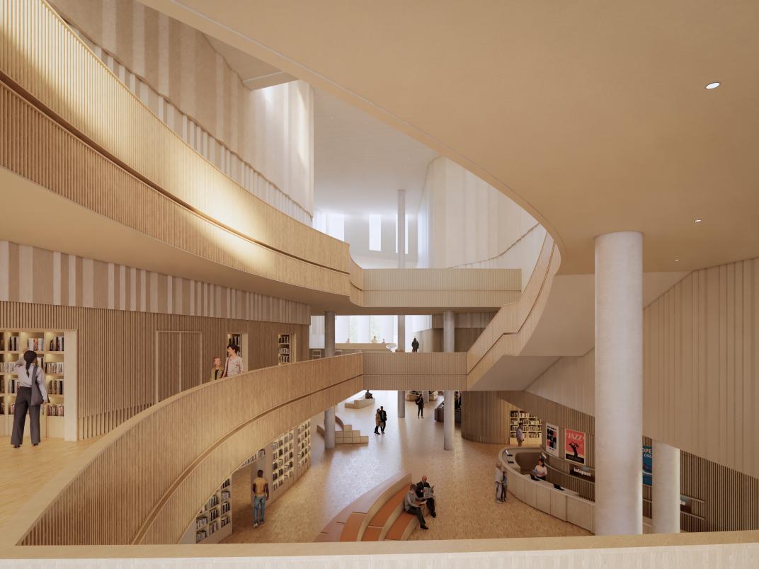 Huis van Cultuur en Bestuur Eemsdelta - impressie overzicht centrale hart vanaf eerste verdieping